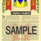 RIGDON - ENGLISH - Armorial Name History - Coat of Arms - Family Crest GIFT! 8.5x11