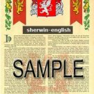 SHERWIN - ENGLISH - Armorial Name History - Coat of Arms - Family Crest GIFT! 8.5x11