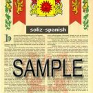 SOLIZ - SPANISH - Armorial Name History - Coat of Arms - Family Crest GIFT! 8.5x11
