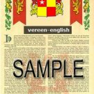VEREEN - ENGLISH - Armorial Name History - Coat of Arms - Family Crest GIFT! 8.5x11