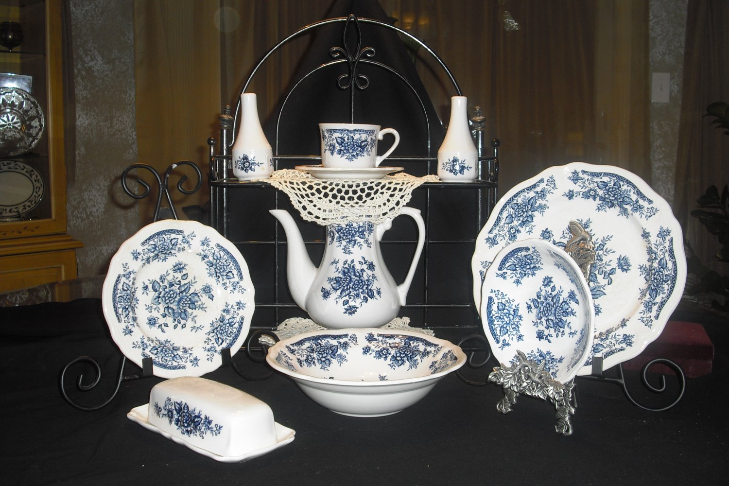Blue Carnation Ironstone Dish Set with Accessory Pieces