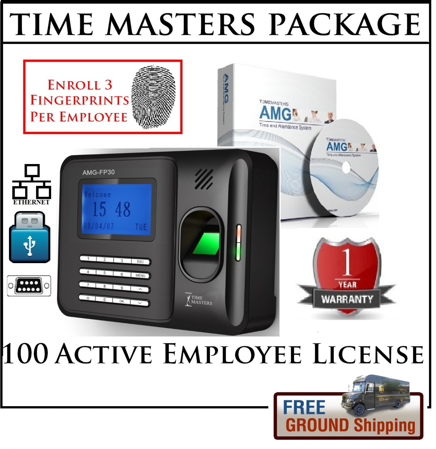 Biometirc Fingerprint Employee Payroll Time Clock (FP30) w/ Software