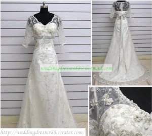 A-line Short Sleeves White Lace Beaded Wedding Dress Bridal Gown S2