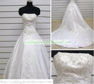 A-line Strapless  White Organza Applique Beaded Cathedral Train Wedding Dress Bridal Gown S7