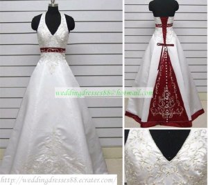 A-line Halter  White Red Satin Embroider Beaded Chapel Train Wedding Dress Bridal Gown S20