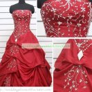 Strapless Red Taffeta Ruffled Beaded Chapel Train Wedding Dress Bridal Gown S23