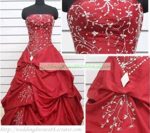 Strapless Red Taffeta Ruffled Beaded Chapel Train Wedding Dress Bridal Gown S23