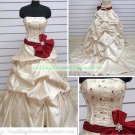 Strapless Champagne Taffeta Embroider Ruffled Beaded Chapel Train Wedding Dress Bridal Gown S24