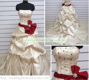 Strapless Champagne Taffeta Embroider Ruffled Beaded Chapel Train Wedding Dress Bridal Gown S24