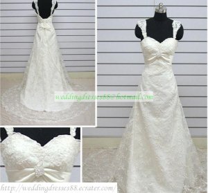 Hot Sale Double Straps White Lace Beaded Chapel Train Wedding Dress Bridal Gown S27