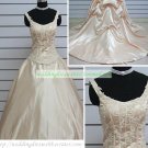 Double Straps Champagne Taffeta Ruffled Applique Beaded Chapel Train Wedding Dress Bridal Gown S35