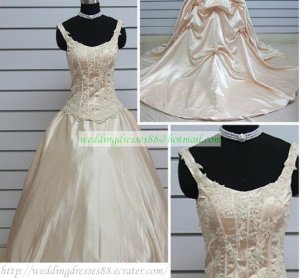 Double Straps Champagne Taffeta Ruffled Applique Beaded Chapel Train Wedding Dress Bridal Gown S35
