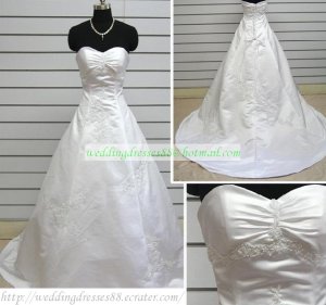 Strapless White Taffeta Organza Ruffled Applique Beaded Chapel Train Wedding Dress Bridal Gown S36
