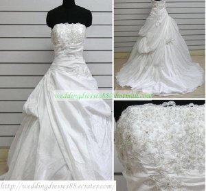 A-line Strapless White Taffeta Ruffled Applique Beaded Chapel Train Wedding Dress Bridal Gown S37