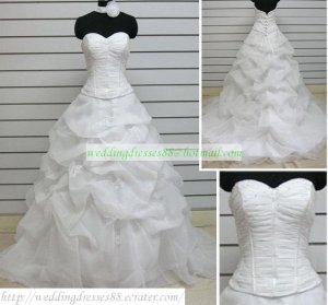 A-line Strapless White Organza Ruffled Applique Beaded Chapel Train Wedding Dress Bridal Gown S39