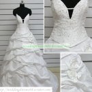 A-line Strapless White Taffeta Ruffled Beaded Chapel Train Wedding Dress Bridal Gown S40