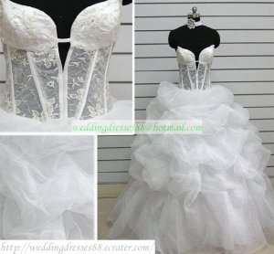 A-line Strapless White Organza Ruffled Lace Beaded Floorf-length Wedding Dress Bridal Gown S41
