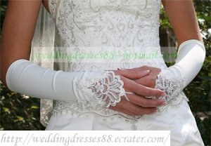 Bridal Accessories-White or Ivory Satin Lace Beaed Wedding Gloves G02