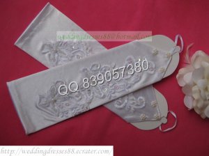 Bridal Accessories-White or Ivory Satin Lace Beaded Wedding Gloves G08