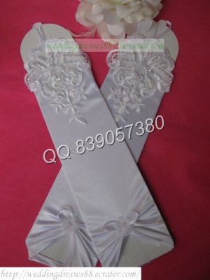 Bridal Accessories-White or Ivory Satin Lace Beaded Wedding Gloves G10