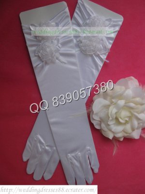 Bridal Accessories-White or Ivory Satin Two Small Flowers Wedding Gloves G11