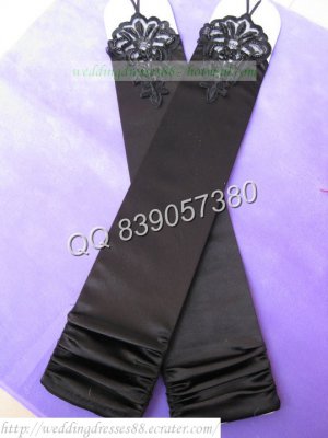 Bridal Accessories-Long Black Satin Lace Ruffled Beaded No Finger Wedding Gloves G17