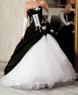 Hot Sale A-line Strapless Wedding Dress Black Taffeta White Organza Ruffled Bridal Gown W180