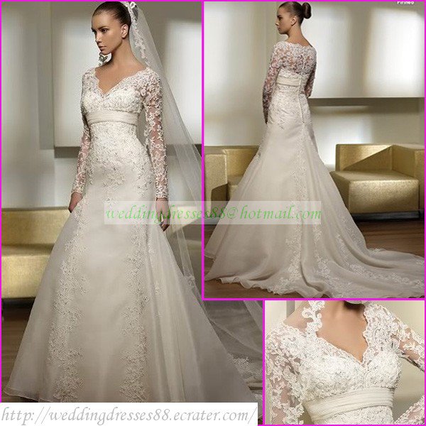 Free Shipping Long Sleeves Lace White Organza Bridal Gown Applique ...