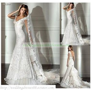 Free Shipping  Double Straps White Lace Organza Bridal Gown Beaded A-line Wedding Dress L23