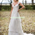 Free Shipping Cap Sleeves White Tulle Lace Bridal Gown Beaded A-line  Wedding Dress E941