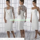 Free Shipping Strapless White Satin Knee-lenth Bridal Gown Lace Jacket  Wedding Dress H995