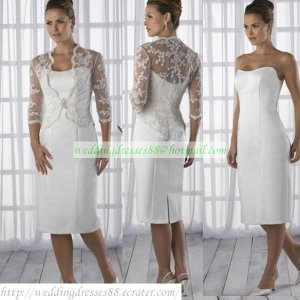 Free Shipping Strapless White Satin Knee-lenth Bridal Gown Lace Jacket  Wedding Dress H995