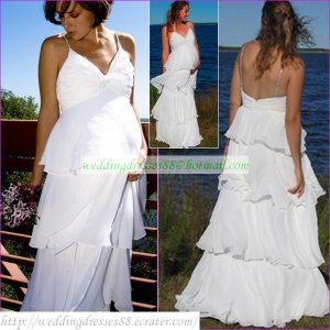 Free Shipping Double Spaghetti White Chiffon Bridal Gown Empire Maternity Towerskirt  Wedding Dress