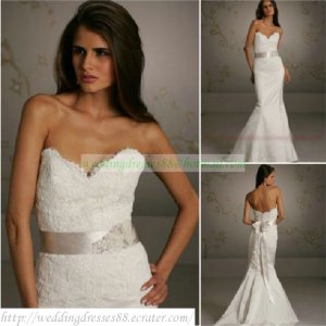 Free Shipping  Strapless White Lace Champagne Belt Beaded Mermaid Wedding Dress L34
