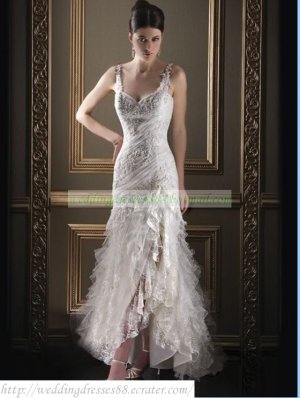 Free Shipping Double Straps White Lace Organza Ruffled Applique Beaded A-line Wedding Dress L31