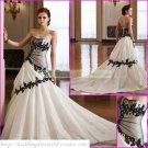 Free Shipping  Strapless White Taffeta Black Organza Applique Lace Beaded A-line Wedding Dress L33