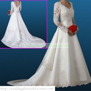 Free Shipping  Long Sleeves White Satin Gown Applique Beaded A-line Wedding Dress L26