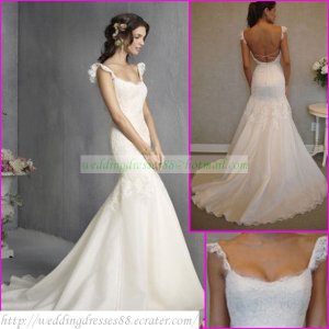Free Shipping  Double Straps White Organza Bridal Gown Applique Beaded Mermaid Wedding Dress L22
