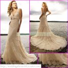 Free Shipping  Double Straps Champagne Lace Applique Beaded  A-line Beach Wedding Dress L21
