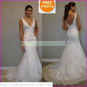 Free Shipping  Double Straps White Bridal Gown Applique Beaded Mermaid Wedding Dress L19
