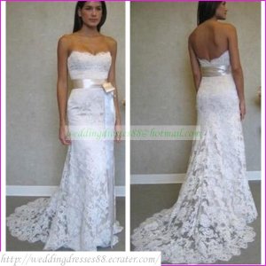 Free Shipping  Strapless White Lace Silver Belt Bridal Gown Beaded A-line Wedding Dress L16