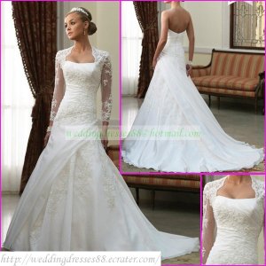 Free Shipping  Long Sleeves White Organza Applique Beaded Wedding Dress With Jacket L08