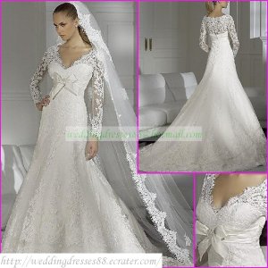 Free Shipping Long Sleeves Lace White A-line Bridal Gown Applique Beaded Wedding Dress L07