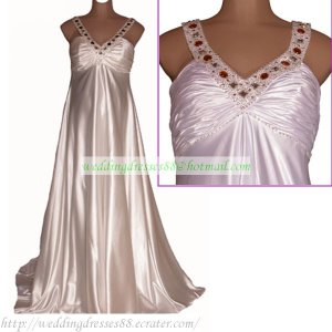 Free Shipping Double Straps White Stretch Satin Bridal Gown Empire Maternity Beaded Wedding Dress