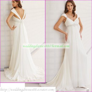 Free Shipping Cap Sleeves White Chiffon Bridal Gown Empire V-neck Maternity Beaded Wedding Dress