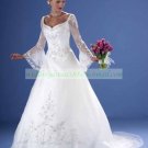 Free Shipping  Long Sleeves White Organza Bridal Gown Applique Beaded A-line Wedding Dress L44