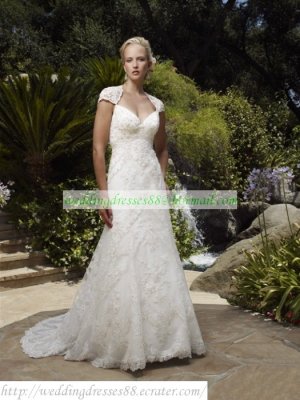 Free Shipping 2012 Cap Sleeves  White Lace  Bridal Gown A-line Beaded Wedding Dress