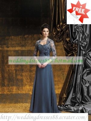 3/4 Sleeves Lace Jacet Gray Chiffon Lace Beaded Floor -Length the Mother of  Bridal Dress 1(12)