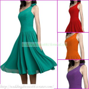 Free Shipping One Shoulder Green Red Purple Chiffon Ruffled Bridesmiad Dress Cocktail Dress
