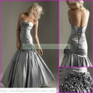 Free Shipping Strapless Silver Taffeta Ruffled Beaded Hand Flowers Party Dress Prom Dress